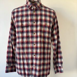 Orvis Men’s Red Navy Cream Plaid Long Sleeve Button Down Shirt EUC Size Large